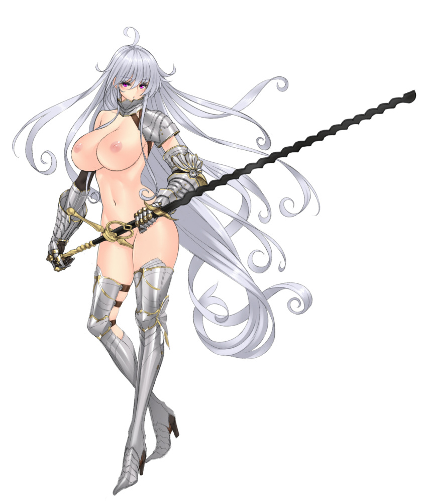 1girl ahoge armor armored_boots boots breasts convenient_censoring full_body gauntlets gorget greaves grey_hair hayama_kazusa highres holding holding_sword holding_weapon large_breasts long_hair long_sword naked_armor navel nipples original pauldrons purple_eyes shoulder_armor sword very_long_hair weapon white_background