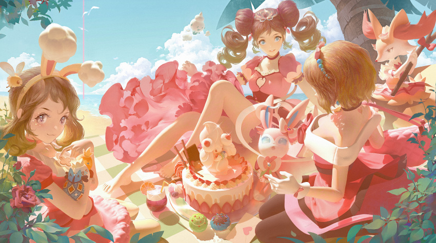 3girls absurdres alcremie alcremie_(strawberry_sweet) bangs barefoot beach blue_eyes blush bow_hairband braixen breasts brown_hair brown_legwear cake closed_mouth cloud commentary_request cupcake cutiefly day dress drill_hair drinking_straw egg eyelashes food fruit gen_2_pokemon gen_3_pokemon gen_4_pokemon gen_5_pokemon gen_6_pokemon gen_7_pokemon gen_8_pokemon geoffthrills grey_eyes hair_tie hairband highres holding holding_egg huge_filesize legs looking_at_viewer lucario may_(pokemon) multiple_girls orange_(food) orange_slice outdoors palm_tree pantyhose picnic_basket pink_dress pokemon pokemon_(anime) pokemon_(creature) pokemon_(game) pokemon_bw2 pokemon_masters_ex pokemon_xy_(anime) pokestar_studios rosa_(pokemon) sand serena_(pokemon) shore short_hair short_sleeves sitting sky smile sylveon tiara tied_hair toes togepi torchic tree twin_drills twintails vanillite water yellow_hairband