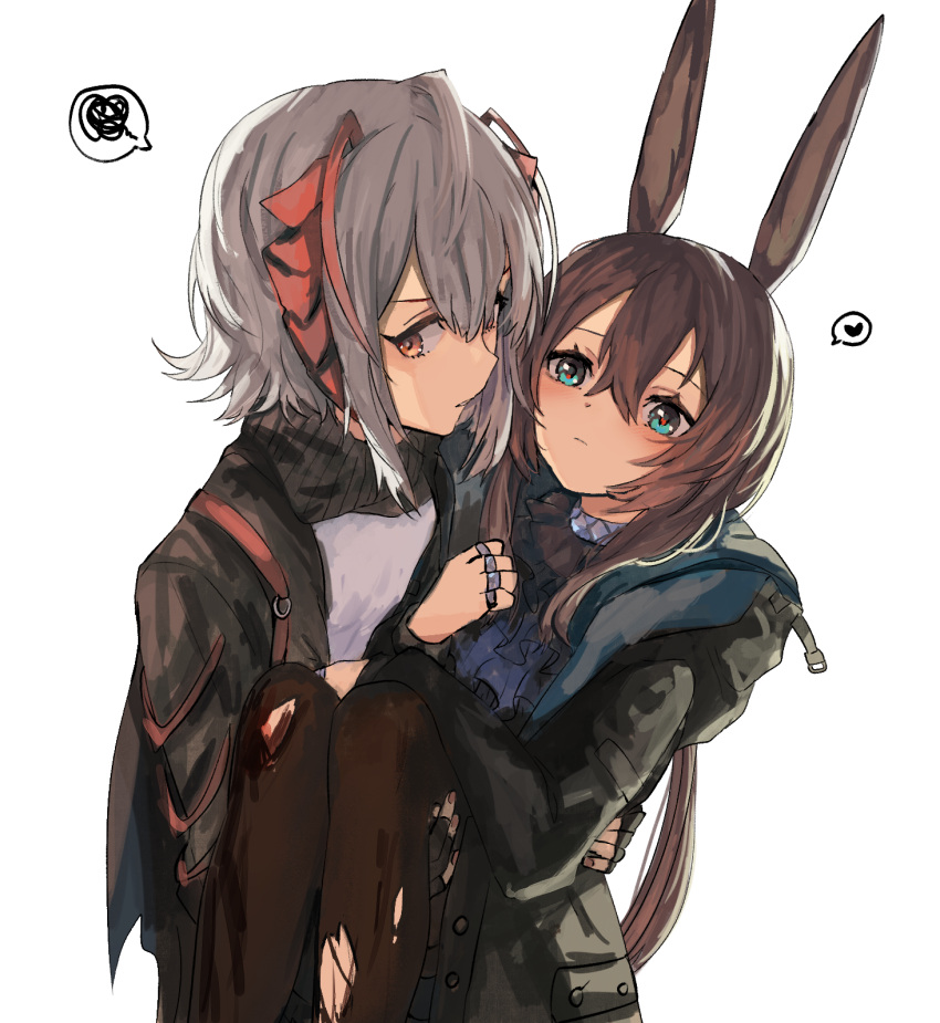 2girls amiya_(arknights) animal_ears arknights black_legwear blush brown_hair bunny_ears carrying demon_girl demon_horns fingerless_gloves gloves gomiyama grey_hair heart highres horns hug jacket looking_at_another looking_away multiple_girls pantyhose princess_carry rabbit_girl scribble speech_bubble spoken_heart spoken_squiggle squiggle thumb_ring torn_clothes torn_legwear w_(arknights) yuri