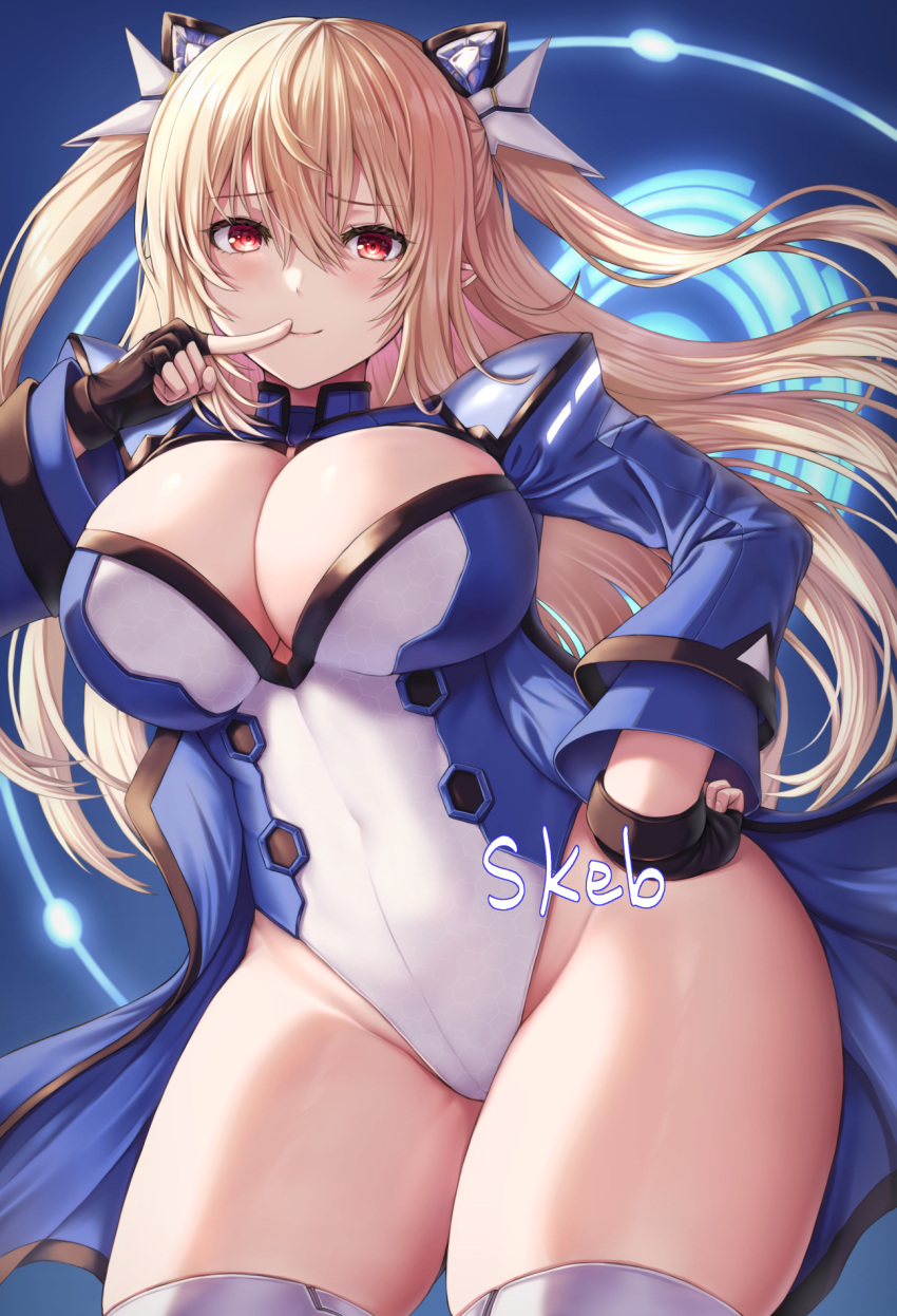 1girl black_gloves blonde_hair blue_coat borrowed_character breasts buran_(22x) cleavage coat commentary_request commission contrapposto cowboy_shot finger_to_mouth fingerless_gloves gloves groin hair_ornament hand_on_hip highleg highleg_leotard highres juliet_sleeves large_breasts leotard long_hair long_sleeves looking_at_viewer open_clothes open_coat phantasy_star phantasy_star_online_2 pointy_ears puffy_sleeves red_eyes sidelocks skeb_commission smile solo standing thighhighs thighs two_side_up white_legwear white_leotard