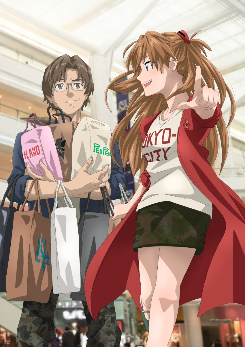 1boy 1girl absurdres age_difference aida_kensuke aida_kensuke_(sword_fish3) bag bangs beard blue_eyes blush breasts brown_eyes brown_hair carrying_bag couple evangelion:_3.0+1.0_thrice_upon_a_time face-to-face facial_hair glasses grin hair_ornament hairclip happy high_heels highres indoors jacket laughing legs long_hair looking_back neon_genesis_evangelion nervous_smile open_mouth pointing rebuild_of_evangelion skirt smile souryuu_asuka_langley sweat twintails