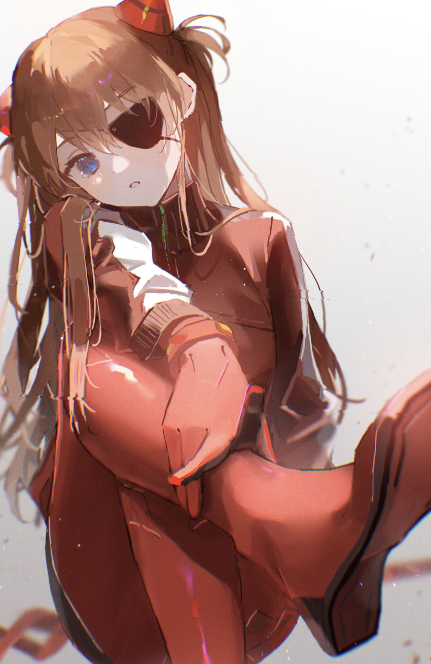 absurdres blue_eyes blur brown_hair evangelion:_3.0_you_can_(not)_redo eyebrows_visible_through_hair eyepatch eyes_visible_through_hair feet gradient hair_between_eyes hair_ornament head_tilt headgear highres jacket leg_up light light_particles long_hair neon_genesis_evangelion oyuyu parted_lips plugsuit pointing pointing_at_viewer rebuild_of_evangelion red_track_suit shadow simple_background sitting souryuu_asuka_langley tearing_up teeth track_jacket white_background zipper