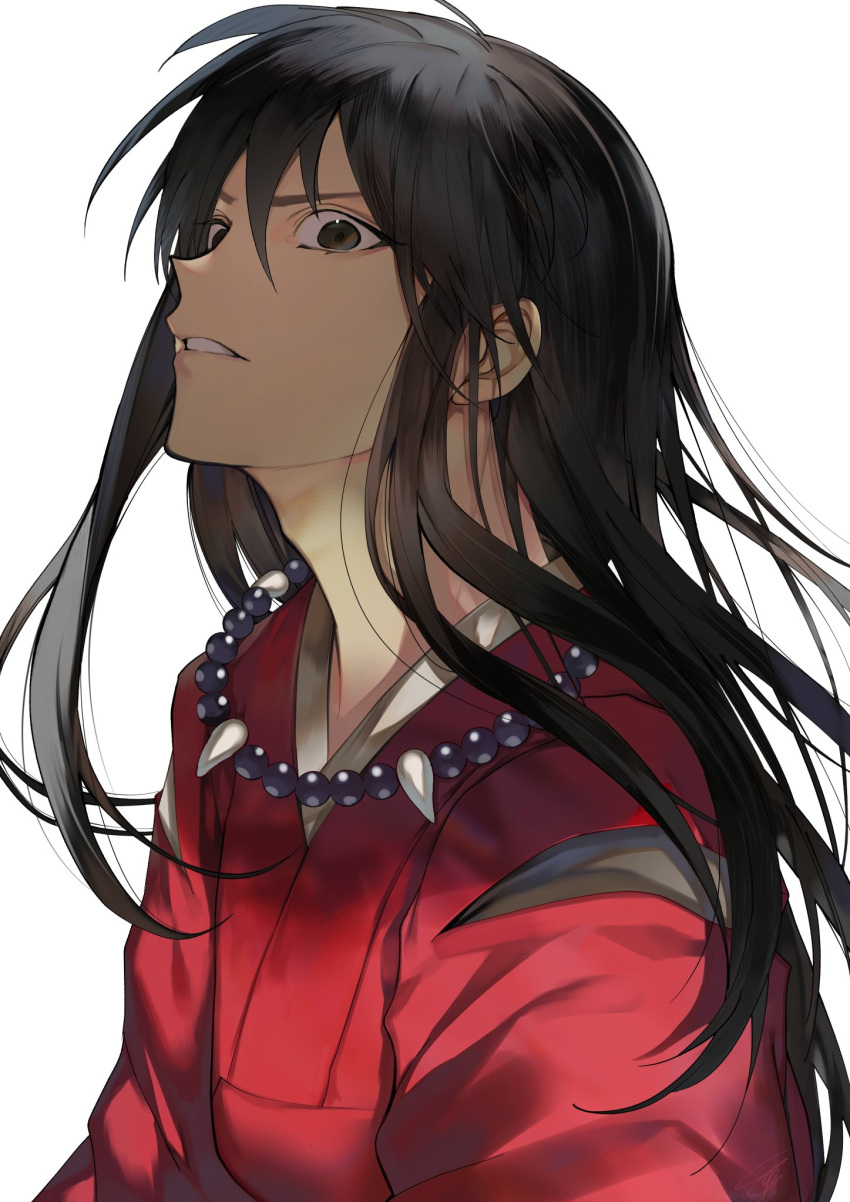 1boy animal_ears bangs bead_necklace beads black_eyes black_hair commentary_request from_side hair_between_eyes highres inuyasha inuyasha_(character) japanese_clothes jewelry kimono long_hair looking_at_viewer looking_to_the_side male_focus necklace parted_lips red_kimono simple_background solo tcb teeth upper_body white_background