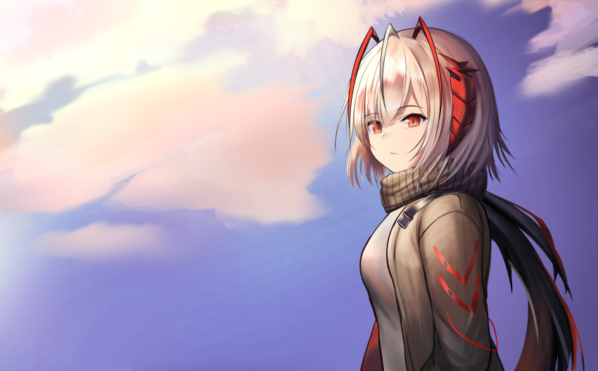 1girl ahoge arknights blue_sky breasts commentary demon_girl demon_horns expressionless eyebrows_visible_through_hair highres horns jacket medium_breasts medium_hair moshi_imo outdoors red_eyes scarf silver_hair sky solo upper_body w_(arknights)