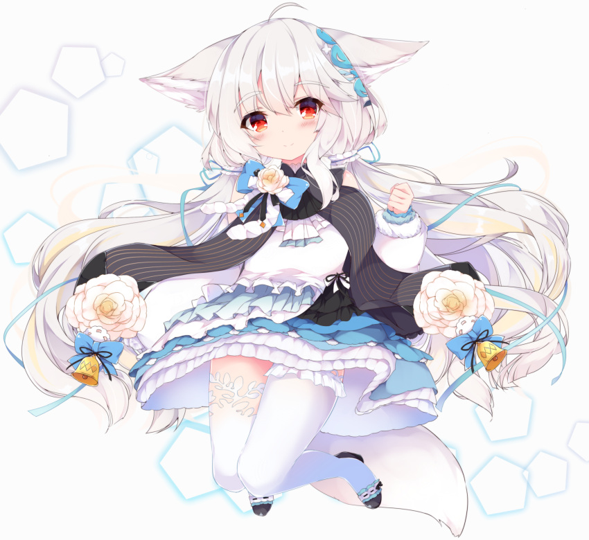 1girl ahoge animal_ear_fluff animal_ears bangs black_footwear blush closed_mouth commentary_request commission dress eyebrows_visible_through_hair flower frilled_dress frilled_legwear frills full_body fur-trimmed_sleeves fur_trim fuuna hair_between_eyes hand_up highres long_sleeves looking_at_viewer mismatched_legwear original puffy_long_sleeves puffy_sleeves red_eyes sakurada_shiro shoes silver_hair skeb_commission smile solo tail thighhighs white_background white_dress white_flower white_legwear