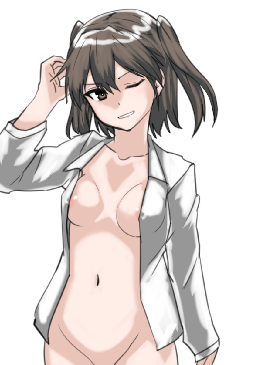 1girl :d adjusting_hair areola_slip areolae arm_at_side bang breasts brown_eyes brown_hair cleavage collarbone commentary convenient_censoring dress_shirt finger_gun furrowed_brow grin groin hair_between_eyes hand_on_head head_tilt hentai_pochomukin_maru highres kantai_collection long_sleeves looking_at_viewer medium_breasts midriff naked_shirt navel one_eye_closed open_clothes open_mouth open_shirt sendai_(kancolle) shirt short_hair simple_background smile solo two_side_up white_background white_shirt