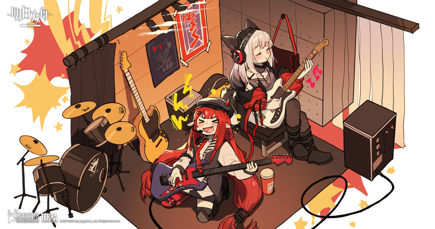 &gt;_&lt; 2girls animal_ears arknights artist_request beanie black_footwear black_headwear black_legwear black_vest boots braid chinese_commentary closed_eyes demon_girl demon_horns demon_tail drum drum_set fang fox_ears fox_girl fox_tail frostleaf_(arknights) grey_shirt guitar hair_ornament hairclip hat headphones headset highres holding holding_instrument horns implied_extra_ears indoors instrument kneeling long_hair low_twintails mismatched_legwear multiple_girls music necktie official_art pantyhose playing_instrument pointy_ears red_hair red_legwear red_neckwear shirt sitting tail thighhighs twintails very_long_hair vest vigna_(arknights) watermark