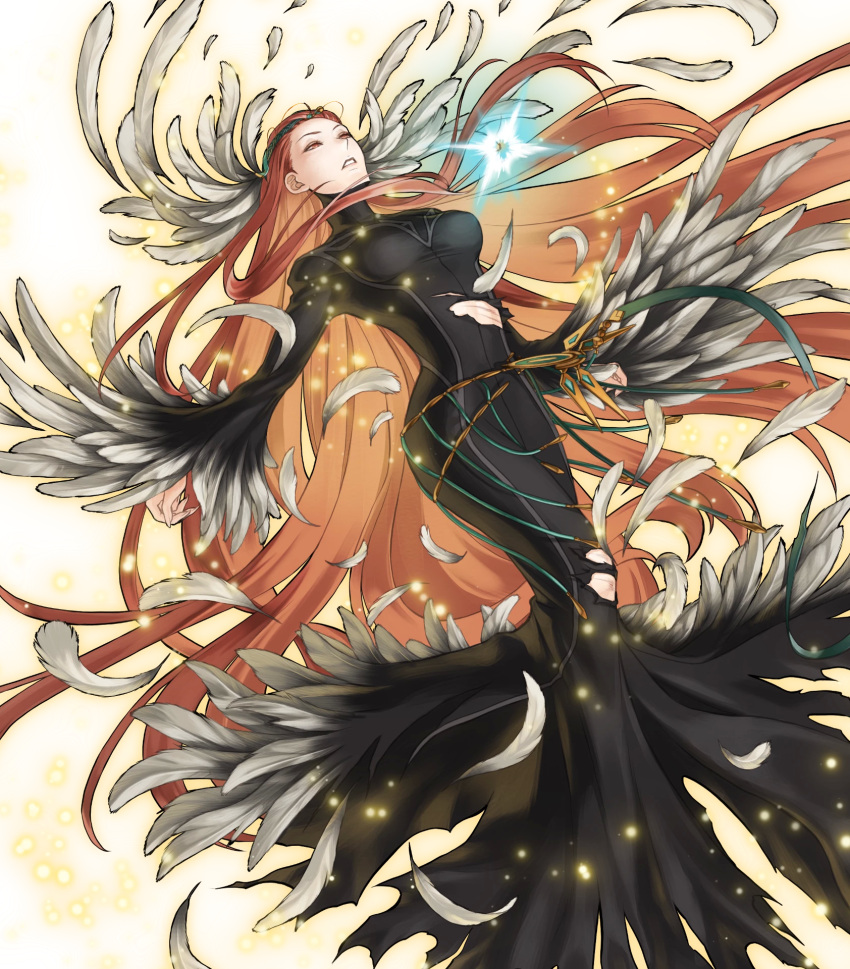 1girl ashera_(fire_emblem) black_dress breasts detached_sleeves dress feather_trim feathers fingernails fire_emblem fire_emblem:_radiant_dawn fire_emblem_heroes full_body gradient gradient_clothes hair_ornament highres jewelry kita_senri light_particles long_dress long_hair long_sleeves medium_breasts official_art parted_lips red_eyes red_hair solo torn_clothes transparent_background very_long_hair wide_sleeves