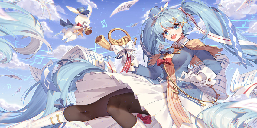 1girl animal blue_bow blue_eyes blue_hair blue_headwear blue_sky blush bow brown_capelet bunny capelet closed_eyes cloud cloudy_sky commentary dress eyebrows_visible_through_hair eyes_visible_through_hair floating hair_ornament hat hatsune_miku holding holding_instrument instrument kan_(rainconan) light_blue_hair long_hair music musical_note open_mouth outdoors pantyhose paper playing_instrument rabbit_yukine red_bow red_neckwear sheet_music sky smile teeth tongue twintails upper_teeth very_long_hair vocaloid white_dress white_footwear yuki_miku yuki_miku_(2020)