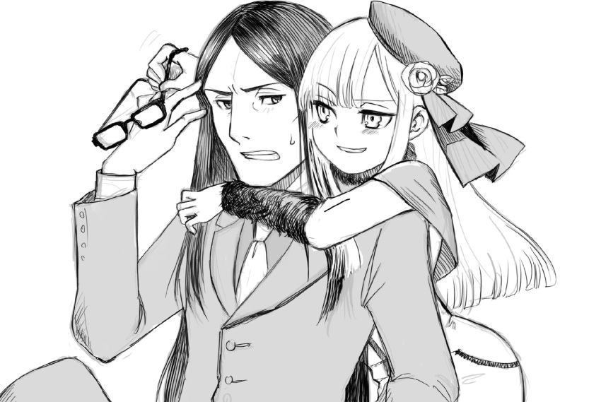 1boy 1girl bangs beret blunt_bangs blush capelet clenched_teeth commentary_request fate_(series) formal fur_trim glasses greyscale grin hat highres holding hug hug_from_behind jacket long_hair long_sleeves looking_at_another lord_el-melloi_ii lord_el-melloi_ii_case_files monochrome necktie reines_el-melloi_archisorte satou_usuzuku smile suit sweatdrop teeth upper_body waver_velvet