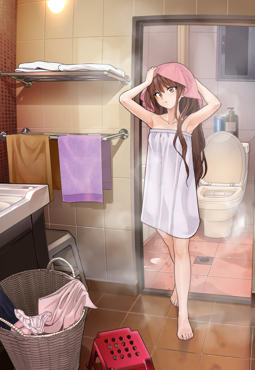 1girl absurdres armpits arms_up barefoot bath bath_stool bathroom bathtub brown_hair chinese_commentary commentary_request feet highres holding long_hair looking_at_viewer naked_towel nude original panties shower_head showering stool tile_wall tiles towel towel_on_head underwear wet yewang19