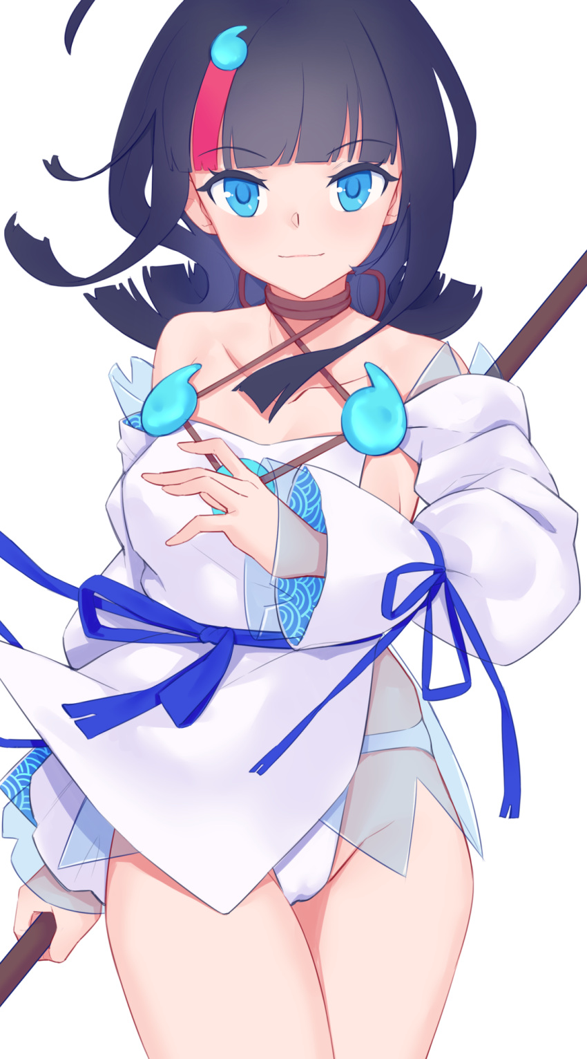 1girl bangs bare_shoulders black_hair blue_eyes blue_ribbon blush breasts collarbone dress fate/grand_order fate/requiem fate_(series) fundoshi highres japanese_clothes jewelry jilu large_breasts long_sleeves looking_at_viewer magatama magatama_hair_ornament magatama_necklace medium_hair multicolored_hair necklace pelvic_curtain pink_hair polearm puffy_long_sleeves puffy_sleeves ribbon short_dress sideboob sideless_outfit smile solo spear streaked_hair thighs utsumi_erise weapon white_dress