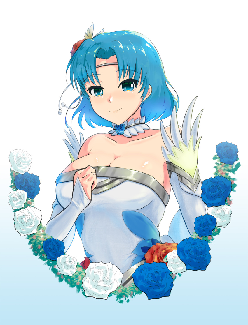 absurdres bare_shoulders blue_eyes blue_hair breasts cleavage detached_collar dress eyebrows_visible_through_hair fire_emblem fire_emblem:_the_binding_blade fire_emblem_heroes flower hair_ornament highres keldancon looking_at_viewer official_alternate_costume shiny shiny_hair short_hair simple_background smile strapless strapless_dress thea_(fire_emblem) wedding_dress