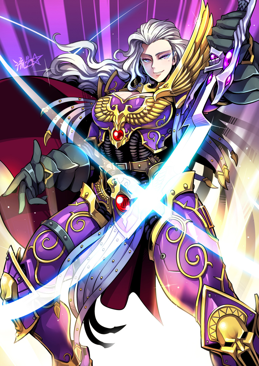 1girl afterimage armor breasts cleavage cleavage_cutout clothing_cutout emperor's_children english_commentary fulgrim full_armor gauntlets genderswap genderswap_(mtf) highres holding holding_sword holding_weapon large_breasts long_hair looking_at_viewer mole mole_under_eye ornate_armor pelvic_curtain power_sword primarch purple_armor purple_eyes ryuusei_(mark_ii) silver_hair slashing solo sword warhammer_40k weapon