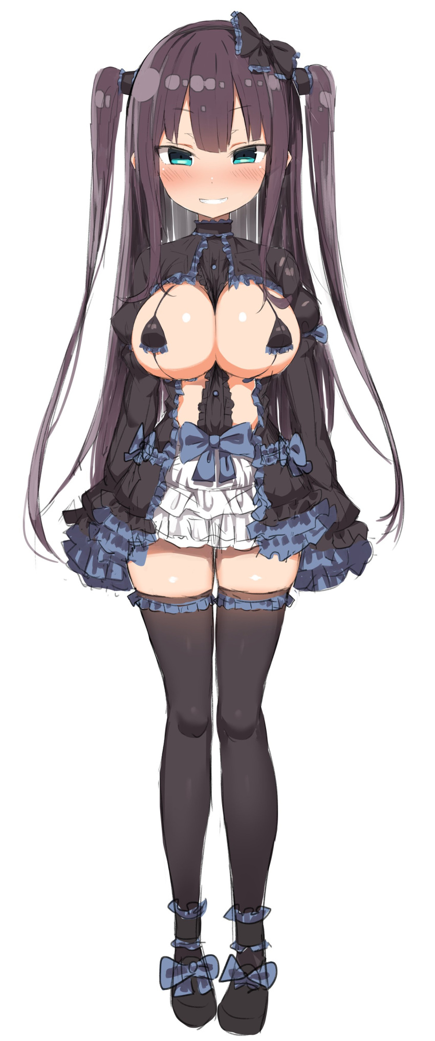 1girl absurdres bikini black_bow black_hairband black_legwear blue_bow blush bow breasts brown_hair full_body greatmosu green_eyes hair_bow hairband highres juliet_sleeves kanikama_(character) large_breasts legs_together long_hair long_sleeves looking_at_viewer micro_bikini original puffy_sleeves simple_background sleeves_past_fingers sleeves_past_wrists smile solo standing swimsuit thigh_gap thighhighs twintails white_background