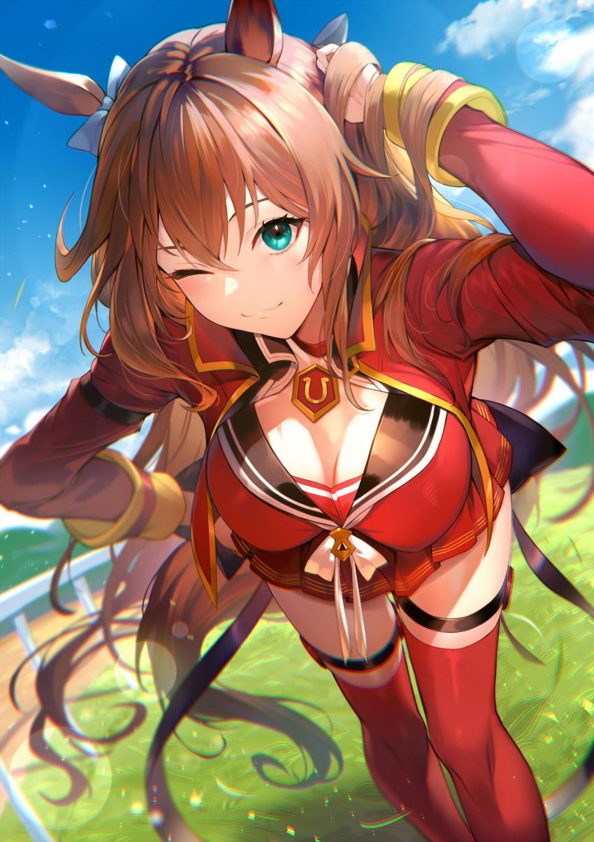 1girl animal_ears bangs blue_sky blush breasts brown_hair cleavage green_eyes highres horse_ears horse_girl horse_tail kakage large_breasts long_hair long_sleeves looking_at_viewer maruzensky_(umamusume) one_eye_closed red_legwear red_shirt red_skirt shirt skirt sky smile solo tail thighhighs thighs umamusume