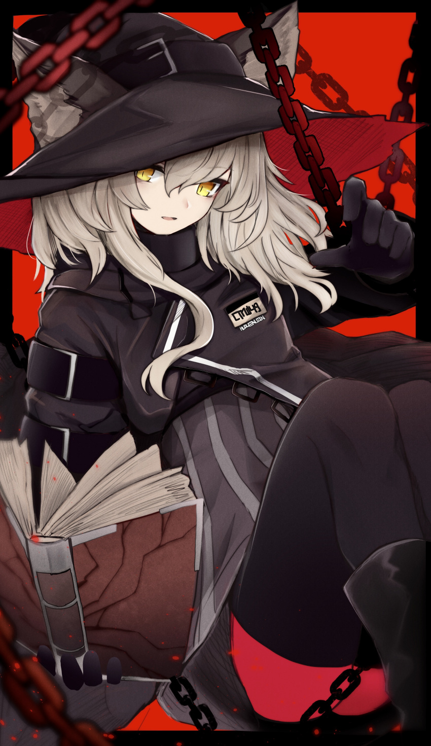 1girl absurdres animal_ears arknights black_footwear black_gloves black_headwear black_legwear black_shirt book boots cat_ears chain commentary elite_ii_(arknights) feet_out_of_frame gloves hand_up hat haze_(arknights) highres holding holding_book knees_up long_hair looking_at_viewer open_mouth pantyhose red_legwear red_neckwear sasahara_(shou_goi) shirt sitting solo thighhighs witch_hat yellow_eyes