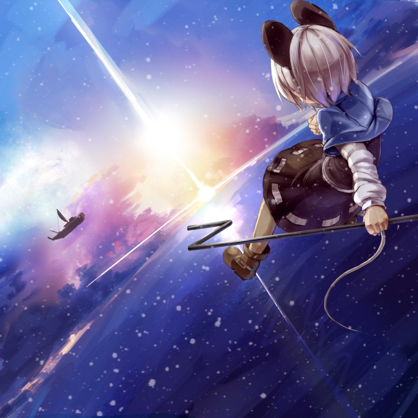 1girl aircraft airship animal_ears blush cloud dowsing_rod flying from_behind greatmosu grey_hair highres mouse_ears mouse_tail nazrin palanquin_ship short_hair skirt snow solo tail touhou