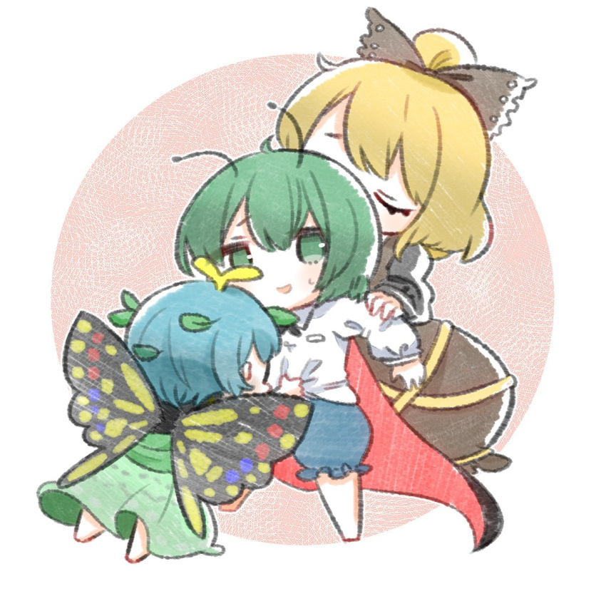 3girls antennae arm_grab bangs black_bow black_shirt black_shorts blonde_hair blue_hair bow brown_dress butterfly_wings chibi closed_eyes commentary_request dress eternity_larva full_body girl_sandwich green_dress green_eyes green_hair hair_bow hair_bun hair_ornament highres kurodani_yamame kurotaro leaf_hair_ornament long_sleeves multiple_girls open_mouth sandwiched shirt shirt_grab short_hair shorts smile sweatdrop touhou white_background white_shirt wings wriggle_nightbug