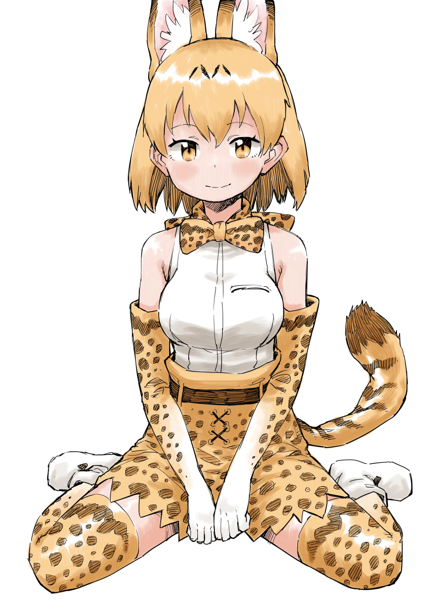 1girl absurdres animal_ears bare_shoulders blonde_hair blush boots bow bowtie commentary_request earthisfire elbow_gloves extra_ears eyebrows_visible_through_hair gloves high-waist_skirt highres kemono_friends print_gloves print_neckwear print_skirt serval_(kemono_friends) serval_ears serval_girl serval_print serval_tail shirt short_hair sitting skirt sleeveless smile solo tail thighhighs wariza white_footwear white_shirt yellow_eyes zettai_ryouiki