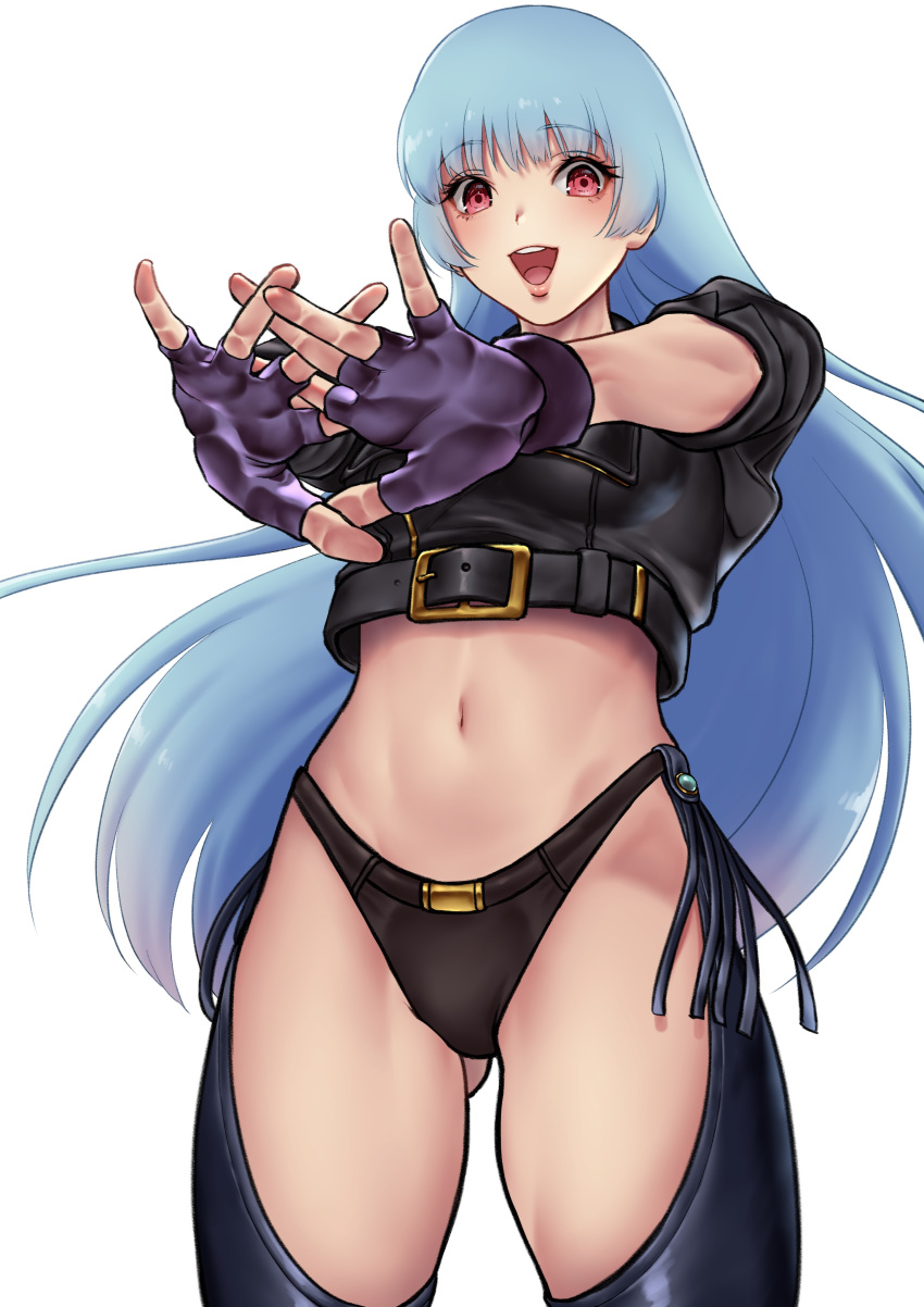 1girl absurdres angel_(kof) angel_(kof)_(cosplay) ass_visible_through_thighs bangs beniazumaru black_jacket black_panties blue_hair chaps commentary_request cosplay eyebrows_visible_through_hair feet_out_of_frame fingerless_gloves gloves highres jacket kula_diamond long_hair looking_at_viewer navel open_mouth panties red_eyes simple_background snk_heroines:_tag_team_frenzy solo the_king_of_fighters thighs underwear white_background