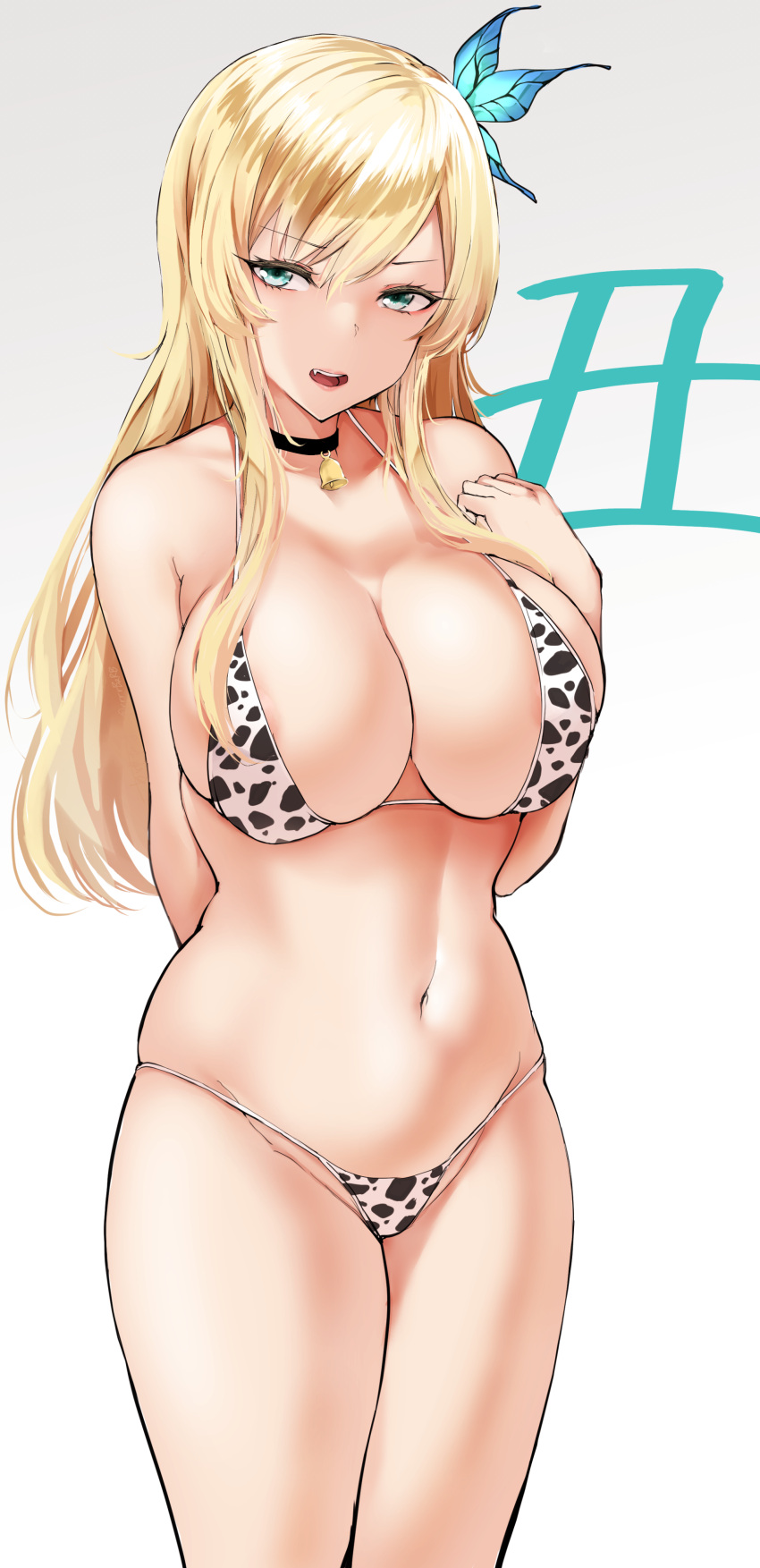 1girl absurdres agetama animal_print arm_behind_back bangs bare_shoulders bell bikini blonde_hair boku_wa_tomodachi_ga_sukunai breasts bug butterfly butterfly_hair_ornament choker cleavage collarbone cow_print cowboy_shot eyebrows_visible_through_hair gradient gradient_background grey_background groin hair_ornament hand_up highres insect kashiwazaki_sena large_breasts long_hair looking_at_viewer navel neck_bell open_mouth print_bikini shiny shiny_hair simple_background skindentation solo stomach sweat swimsuit upper_teeth