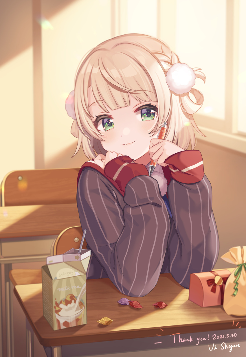 1girl bangs blonde_hair blush classroom closed_mouth dated desk elbows_on_table green_eyes grey_shirt hair_pom_pom highres holding holding_pen indie_virtual_youtuber light_brown_hair long_sleeves looking_at_viewer milk_carton no_hat no_headwear pen pinstripe_pattern pinstripe_shirt school_desk self-portrait shigure_ui shigure_ui_(vtuber) shirt short_hair signature sleeve_cuffs smile solo striped sunlight sunset virtual_youtuber