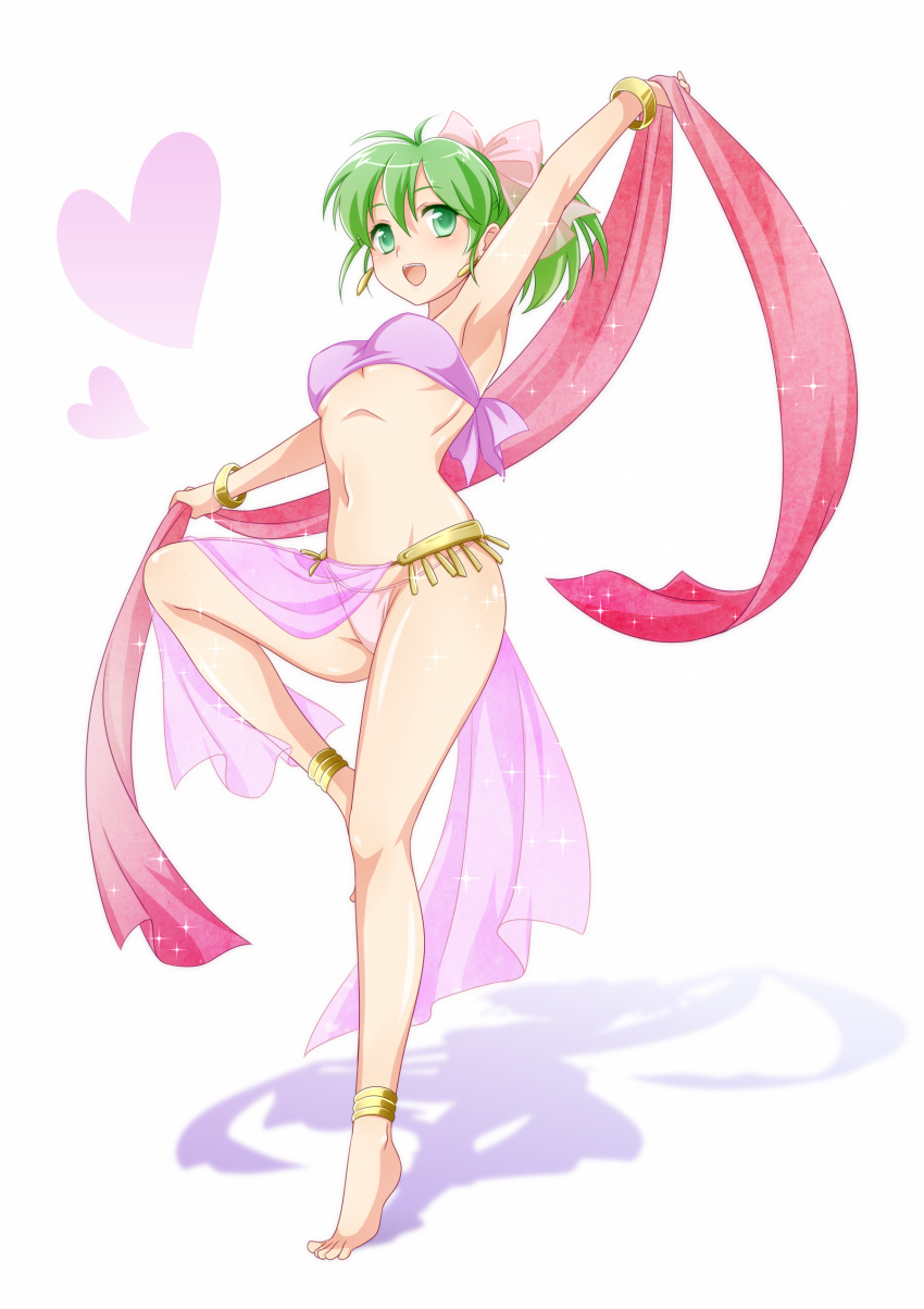1girl absurdres anklet arm_up armpits bangs bare_legs barefoot bracelet dancer dancing earrings fire_emblem fire_emblem:_genealogy_of_the_holy_war green_eyes green_hair hair_ribbon ham_pon heart highres holding jewelry legs lene_(fire_emblem) midriff open_mouth panties pink_panties ponytail ribbon shadow short_hair simple_background smile solo underwear