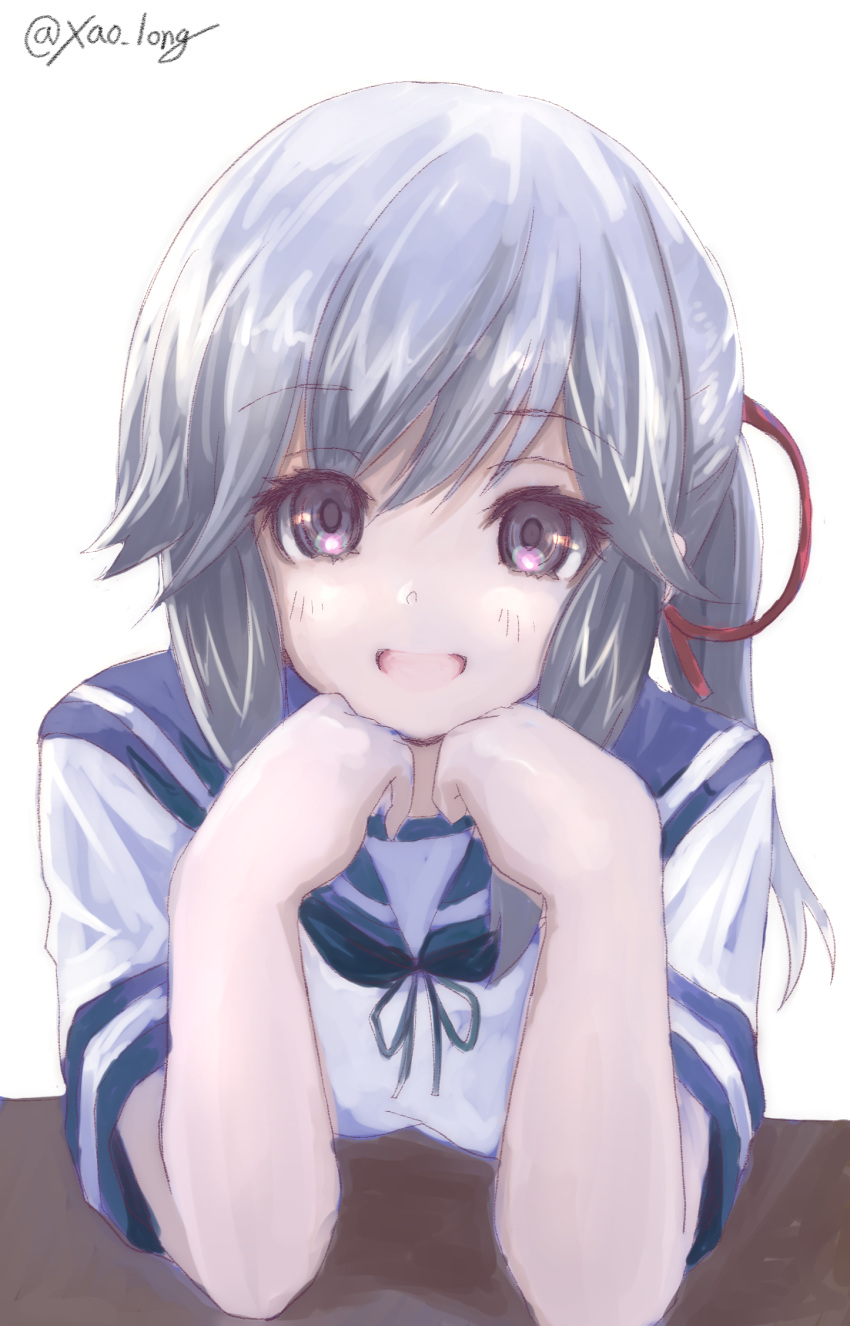 1girl blue_sailor_collar brown_eyes chicken99 grey_hair hair_ribbon hands_on_own_chin highres kantai_collection long_hair ponytail red_ribbon ribbon sailor_collar school_uniform serafuku sidelocks simple_background smile solo upper_body usugumo_(kancolle) white_background