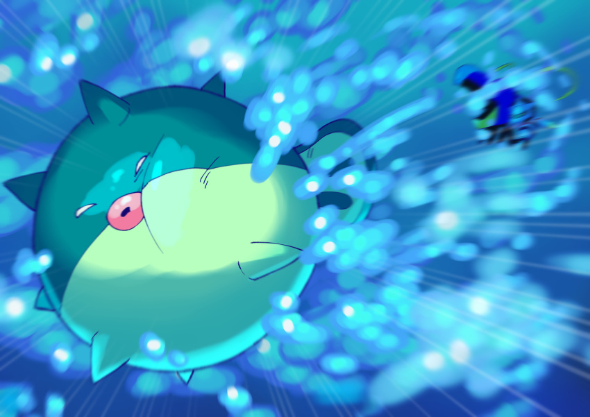 9gojonnybgo absurdres air_bubble battle blurry bubble cheek_press clawitzer commentary_request gen_2_pokemon gen_6_pokemon highres no_humans pokemon pokemon_(creature) puffer_fish qwilfish underwater