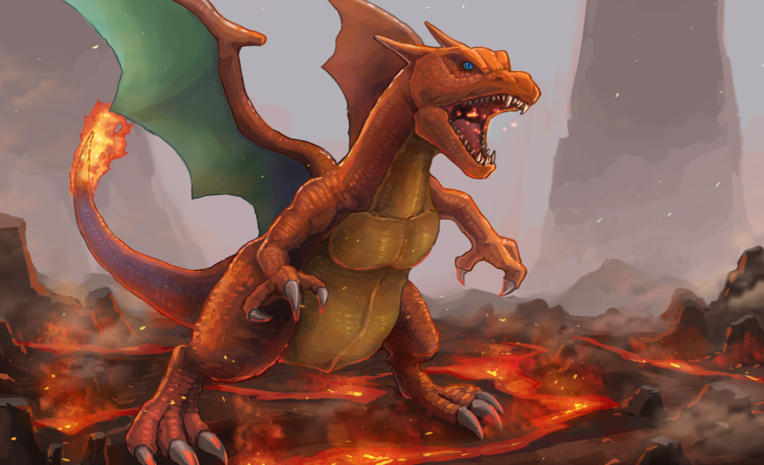 blue_eyes chao_xiaopu charizard claws commentary fire fog gen_1_pokemon highres kaijuu molten_rock no_humans open_mouth outdoors pokemon pokemon_(creature) sharp_teeth solo standing teeth tongue