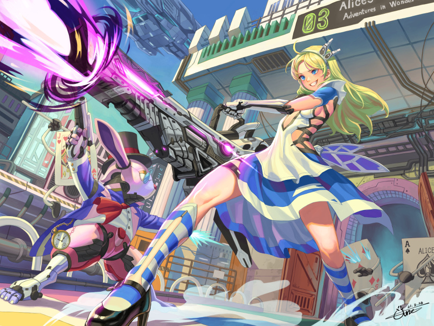 1girl absurdres ahoge alice_(alice_in_wonderland) alice_in_wonderland alternate_universe bangs black_footwear blonde_hair blue_eyes breasts card cyberpunk cyborg dated dress energy_gun firing floating_hair gun hair_behind_ear handgun high_heels highres holding holding_gun holding_weapon horizontal_stripes huge_filesize kneehighs march_hare_(alice_in_wonderland) mechanical_arms mechanical_wings metal_hairband pistol playing_card railgun robot science_fiction sideboob signature small_breasts smirk space_craft striped striped_legwear tiger_june weapon white_dress wings