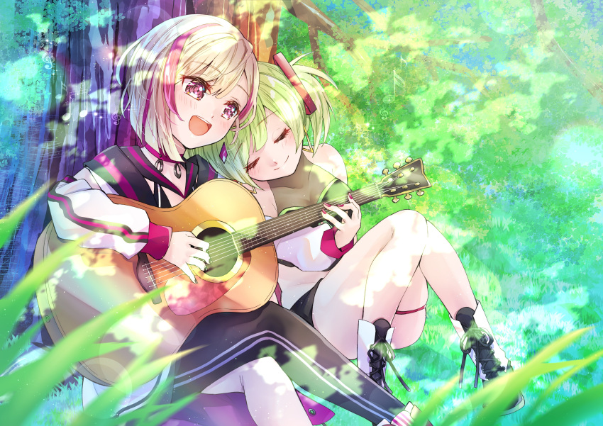 2girls absurdres bangs breasts choker collarbone commission delruki delutaya eyebrows_visible_through_hair green_hair highres instrument jacket kiruno_ruki leaning_on_person leaning_to_the_side mihayuuno multicolored_hair multiple_girls music playing_instrument purple_eyes red_choker red_hair second-party_source short_hair silver_hair skeb_commission skindentation sleeping sleeping_on_person small_breasts streaked_hair thigh_strap twintails virtual_youtuber white_jacket