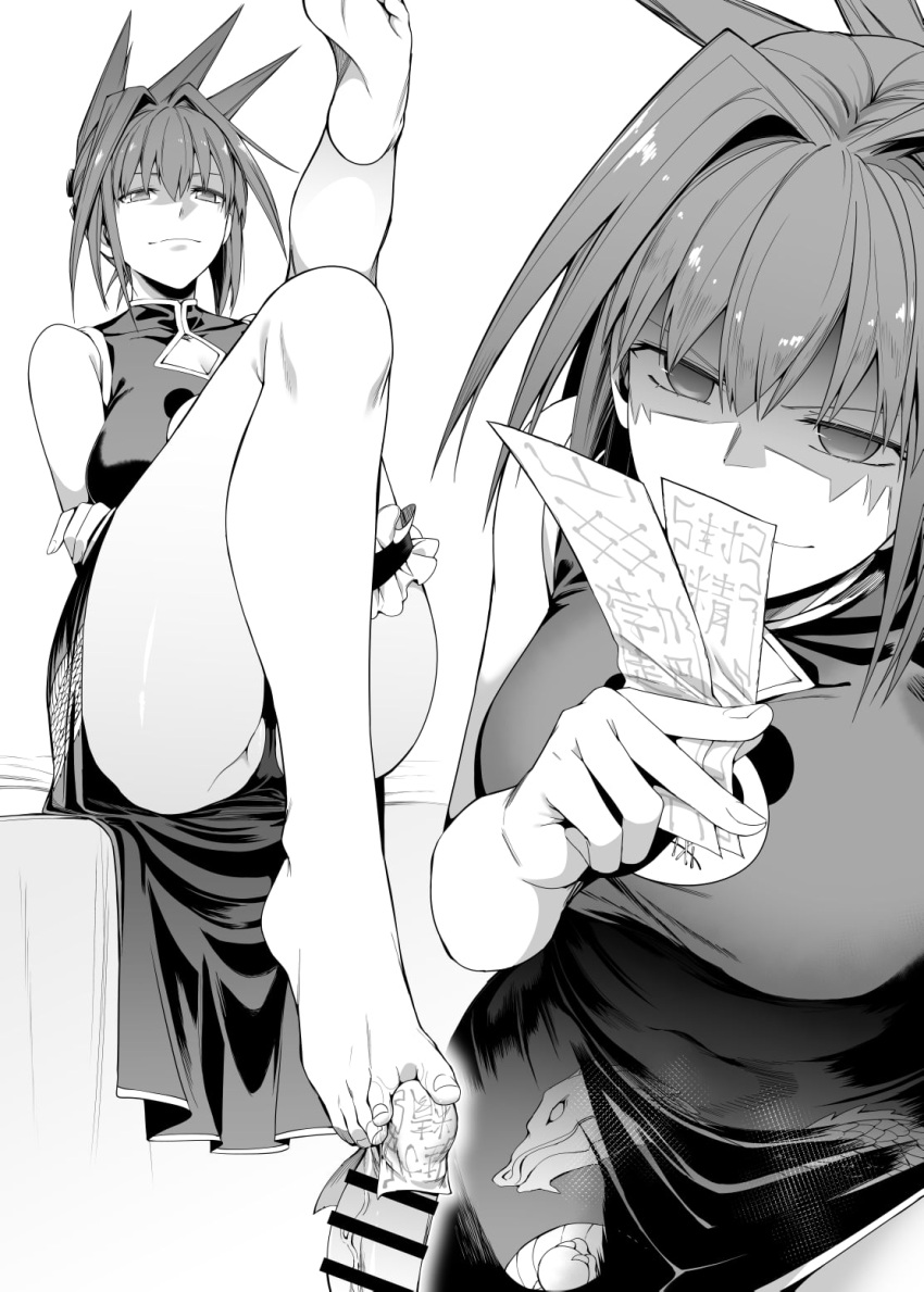 1girl bangs bar_censor bare_shoulders barefoot breasts cameltoe censored chicke_iii china_dress chinese_clothes cleavage_cutout clothing_cutout crossed_arms dragon_print dress folded_ponytail frills greyscale hair_between_eyes hair_intakes highres large_breasts leg_garter leg_up legs long_hair looking_at_viewer monochrome ofuda panties partially_visible_vulva penis shaded_face shaman_king simple_background smug tao_jun underwear veins veiny_penis white_background