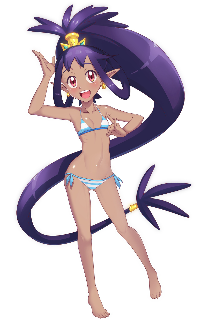1girl :d absurdres bangs barefoot bikini blue_bikini blush breasts cameltoe collarbone commentary cosplay dark-skinned_female dark_skin earrings english_commentary eyelashes full_body gazing_eye hair_rings high_ponytail highres iris_(pokemon) jewelry knees legs long_hair open_mouth pigeon-toed pointy_ears pokemon pokemon_(game) pokemon_bw ponytail purple_hair red_eyes shantae_(character) shantae_(character)_(cosplay) shantae_(series) shantae_and_the_pirate's_curse side-tie_bikini smile solo striped striped_bikini swimsuit toes tongue transparent_background upper_teeth very_long_hair