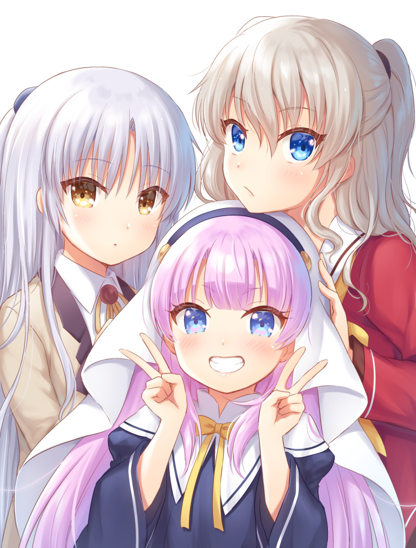 3girls angel_beats! aniplex bangs black_dress blazer blue_eyes blush brown_eyes brown_jacket charlotte_(anime) closed_mouth collared_shirt commentary_request company_connection crossover double_v dress eyebrows_visible_through_hair grin habit hair_between_eyes hands_up highres jacket juliet_sleeves kamisama_ni_natta_hi key_(company) long_hair long_sleeves multiple_crossover multiple_girls nakamura_hinato nun p.a._works pink_hair puffy_sleeves red_shirt sailor_collar satou_hina_(kamisama_ni_natta_hi) school_uniform serafuku shirt silver_hair simple_background smile tenshi_(angel_beats!) tomori_nao two_side_up upper_body v very_long_hair white_background white_sailor_collar white_shirt wide_sleeves
