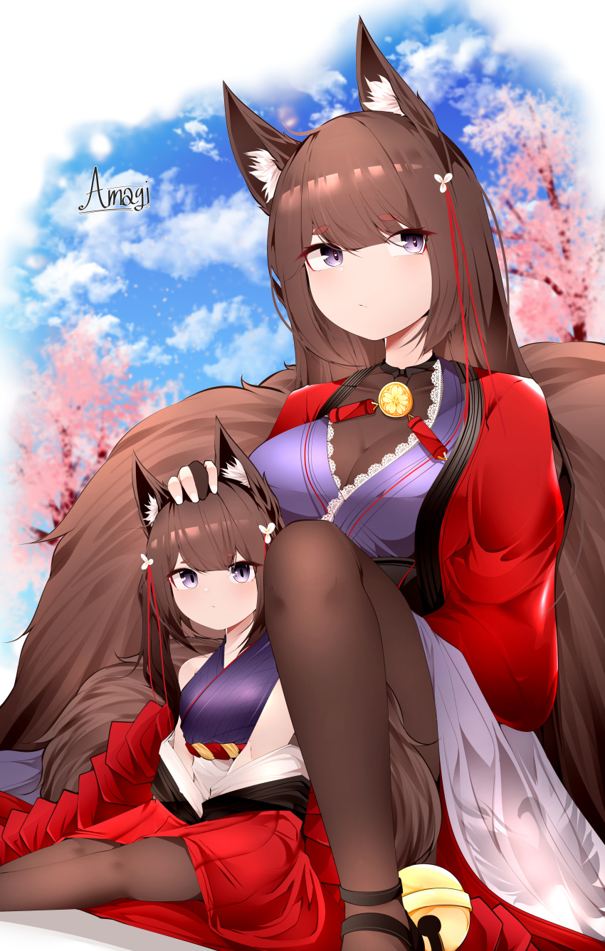2girls absurdres amagi-chan_(azur_lane) amagi_(azur_lane) animal_ear_fluff animal_ears azur_lane bangs breasts brown_legwear character_name commentary eyebrows_visible_through_hair feet_out_of_frame fox_ears fox_girl hand_on_another's_head headpat highres huge_filesize japanese_clothes kimono large_breasts long_hair looking_at_viewer looking_away multiple_girls off_shoulder pantyhose purple_eyes rope samip shimenawa short_eyebrows sitting thick_eyebrows