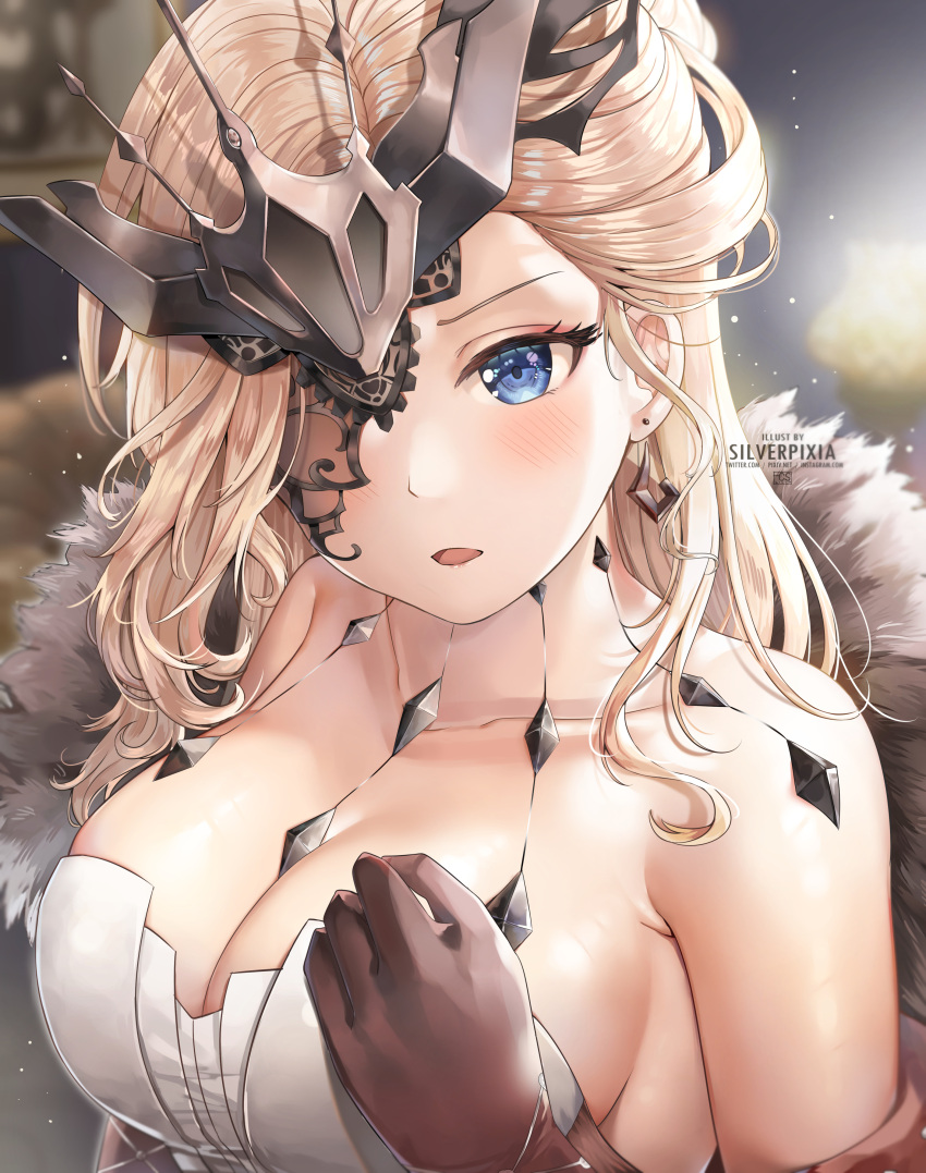 1girl absurdres artist_name bare_shoulders blonde_hair blue_eyes blurry blurry_background blush breasts brown_gloves cleavage collarbone depth_of_field earrings fur_trim genshin_impact gloves hand_on_own_chest highres jewelry large_breasts long_hair looking_at_viewer one_eye_covered open_mouth signora_(genshin_impact) silverpixia solo strapless upper_body