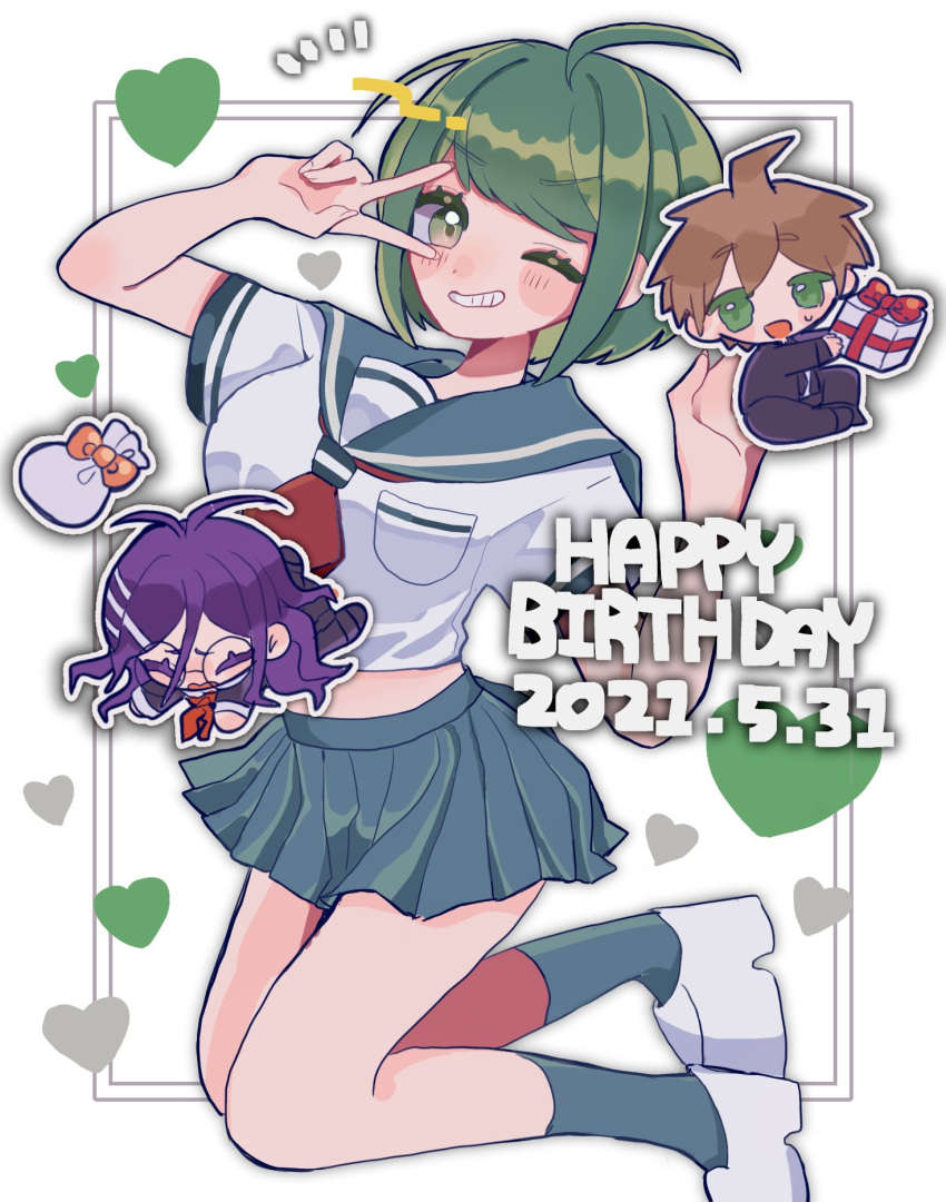 1boy 2girls ahoge ameko53133 antenna_hair bangs black_jacket black_pants blush_stickers breast_pocket brown_hair commentary danganronpa_(series) danganronpa_another_episode:_ultra_despair_girls dated feet_up fukawa_touko gift green_eyes green_hair green_legwear green_sailor_collar grin happy_birthday heart highres jacket kneehighs long_hair miniskirt multiple_girls naegi_komaru naegi_makoto neckerchief notice_lines one_eye_closed pants pleated_skirt pocket purple_hair sailor_collar school_uniform shirt shoes short_sleeves skirt smile solo_focus v_over_eye white_footwear white_shirt