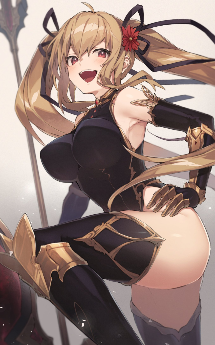 1girl armpits blonde_hair breasts commission detached_sleeves elbow_gloves enomoto_hina flower gauntlets gloves hair_flower hair_ornament hair_ribbon highres holding holding_weapon large_breasts leotard long_hair original polearm ribbon sidelocks skeb_commission thighhighs trident twintails weapon