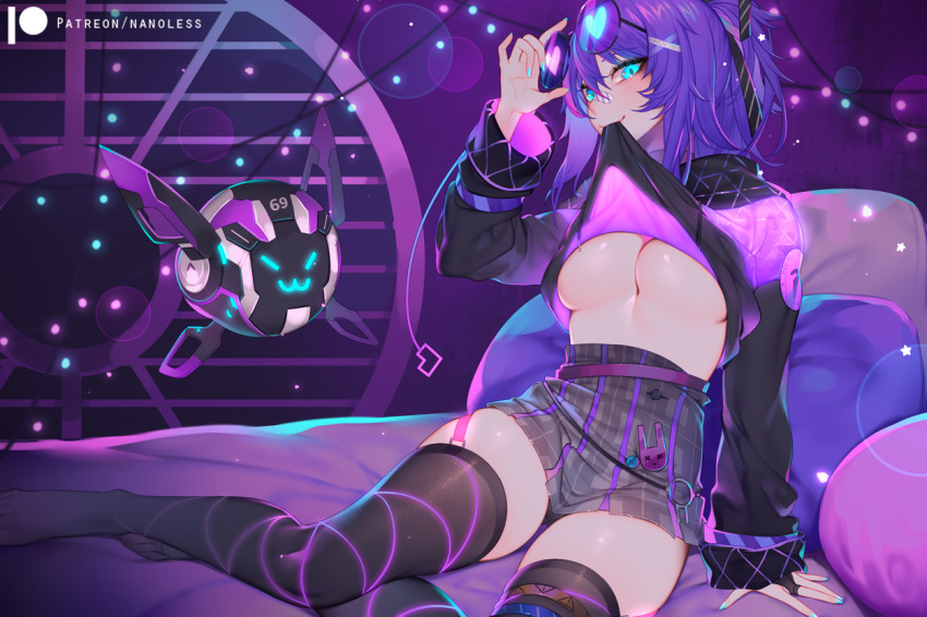 1girl 69 arm_support artist_name bandaid bandaid_on_nose bed black_legwear black_shirt blue_eyes blue_hair blue_nails blush breasts clothes_lift eyewear_on_head garter_straps glasses glowing grey_skirt heart high-waist_skirt indoors large_breasts lifted_by_self long_sleeves looking_at_viewer melody_(projektmelody) miniskirt mouth_hold nanoless no_bra official_alternate_costume on_bed pillow pink_shirt projektmelody purple_belt round_eyewear shirt shirt_lift short_ponytail sitting skirt solo t0m_(projektmelody) thighhighs thighs underboob virtual_youtuber vshojo