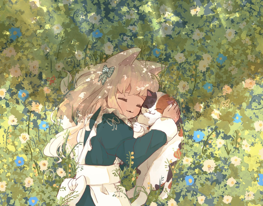 1girl :3 animal animal_ears animal_hug apron aqua_ribbon blonde_hair blue_flower calico cat cat_ears cheek-to-cheek closed_eyes commentary_request dress flower frilled_apron frills from_above grass green_background green_dress hair_ribbon highres juliet_sleeves long_hair long_sleeves lying oimo_imoo on_side orange_flower original parted_lips puffy_sleeves ribbon sketch solo white_apron white_flower |3