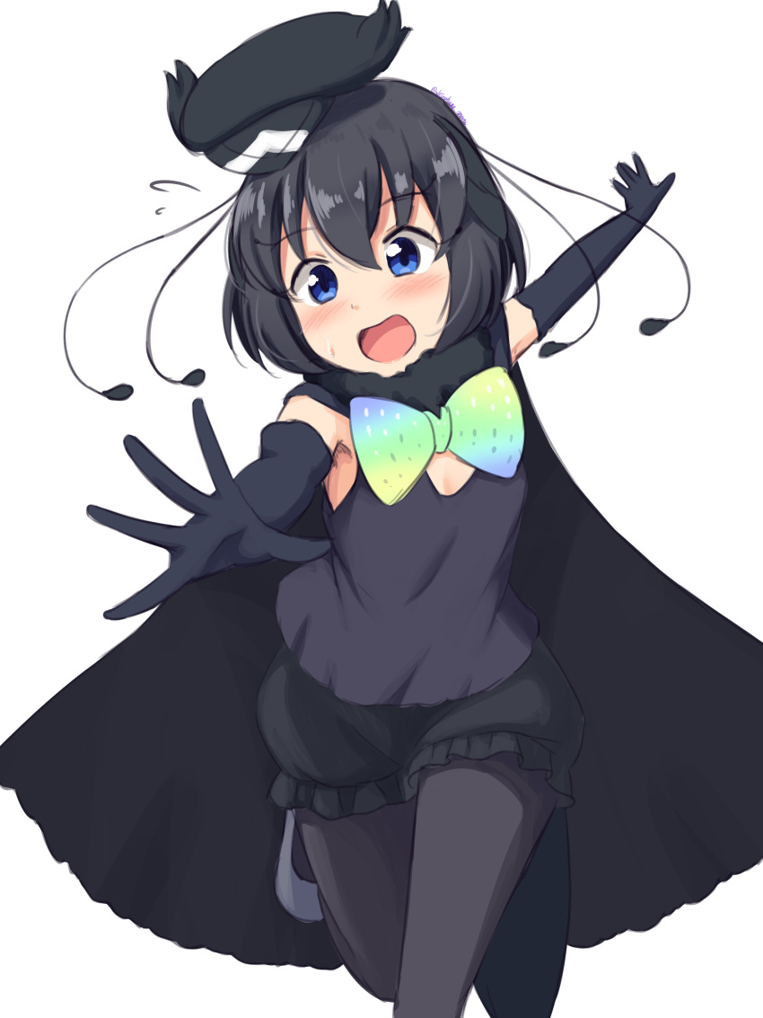 1girl absurdres antennae bangs bird_girl bird_tail bird_wings black_cape black_gloves black_hair black_headwear black_legwear black_shirt black_shorts blue_eyes blush bow bowtie cabbie_hat cape elbow_gloves eyebrows_visible_through_hair gloves hair_between_eyes hat head_wings highres kemono_friends open_mouth outstretched_arms pantyhose rainbow_neckwear reaching_out shiraha_maru shirt short_hair shorts simple_background sleeveless solo western_parotia_(kemono_friends) white_background wings