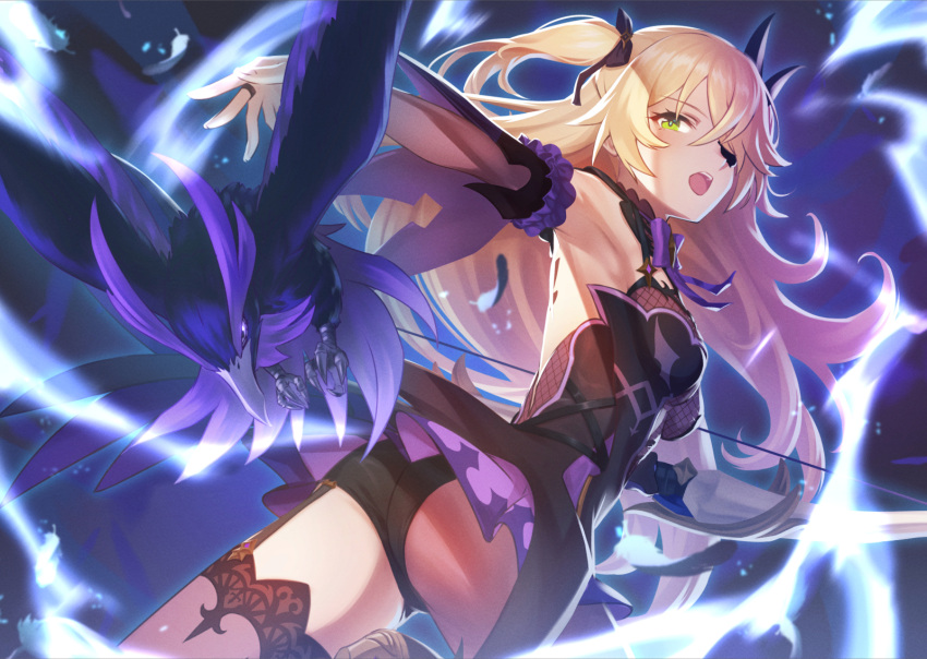 1girl armpits ass bare_shoulders bird black_dress black_shorts blonde_hair bodysuit dress eyepatch fischl_(genshin_impact) fishnet_bodysuit fishnets garter_straps genshin_impact green_eyes hair_ribbon high_heels highres holding_crossbow lightning open_mouth outstretched_arm raven_(animal) ribbon shorts so-on solo thighhighs twintails