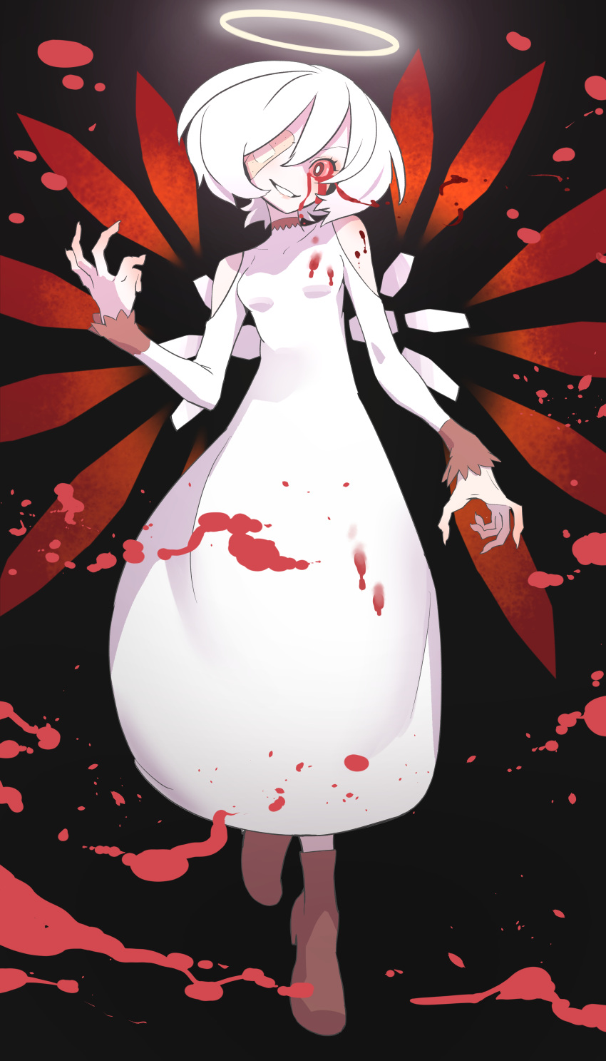 1girl absurdres bandaid bandaid_on_face bare_shoulders black_background blood blood_splatter bloody_clothes bloody_tears colored_sclera commentary_request dress fingernails genderswap genderswap_(otf) halo highres humanization kawayabug kirby_(series) kirby_64 off-shoulder_dress off_shoulder one_eye_covered pink_sclera red_eyes sharp_fingernails short_hair simple_background smile white_dress white_hair zero_two_(kirby)