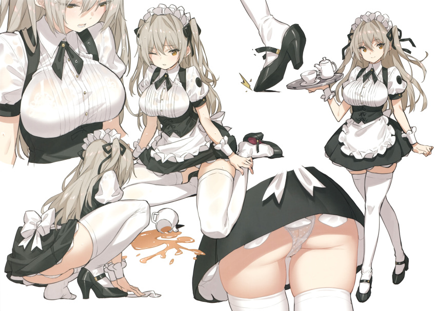 1girl absurdres apron ass bangs black_footwear black_neckwear blush bra breasts brown_eyes cup dress eyebrows_visible_through_hair eyes_visible_through_hair frills grey_hair hair_ribbon high_heels highres holding holding_tray large_breasts long_hair maid maid_headdress multiple_views non-web_source one_eye_closed open_mouth original panties polka_dot polka_dot_panties ribbon saitou_masatsugu see-through shoes short_sleeves simple_background single_shoe skindentation smile spill teacup teapot thighhighs tray two_side_up underwear waist_apron wet wet_clothes white_apron white_background white_bra white_legwear white_panties wrist_cuffs