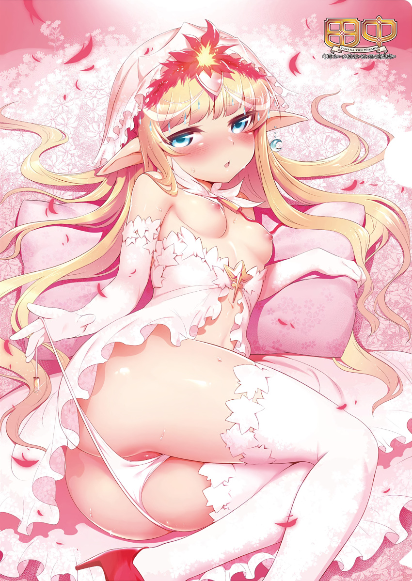 1girl absurdres ass bangs blue_eyes blush breasts clear_file cropped edita_(tanaka_the_wizard) elbow_gloves eyebrows_visible_through_hair gloves highres long_hair looking_at_viewer lying m-da_s-tarou navel nipples official_art on_side panties panty_pull petals pointy_ears sidelocks small_breasts solo sweat tanaka_the_wizard thighhighs underwear very_long_hair waifu2x white_gloves white_legwear white_panties