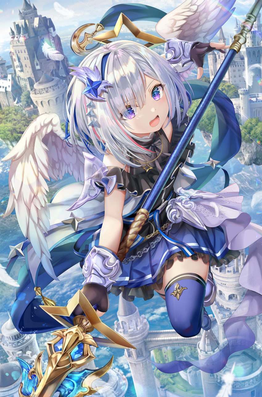 1girl amane_kanata angel angel_wings bangs black_gloves black_shirt blue_eyes blue_hair blue_legwear blue_skirt castle commentary_request day eyebrows_visible_through_hair eyes_visible_through_hair feathered_wings feathers flying frilled_skirt frills gloves gradient_eyes hairband halo highres holding holding_lance holding_polearm holding_spear holding_weapon hololive lance multicolored multicolored_eyes multicolored_hair open_mouth outdoors partially_fingerless_gloves pink_hair pleated_skirt polearm purple_eyes shirt short_hair skirt solo spear star_halo streaked_hair thighhighs torino_akua virtual_youtuber weapon white_hair white_wings wings