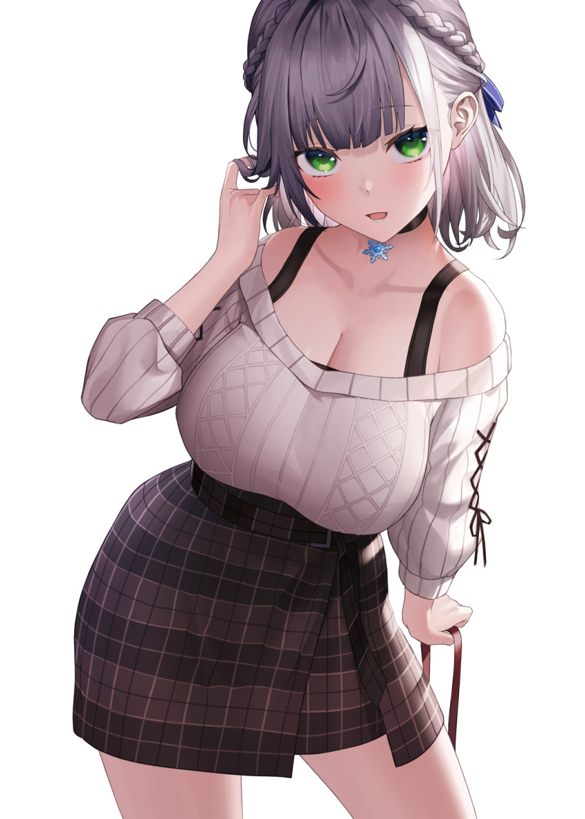 1girl :d bangs black_choker blunt_bangs blush bra_strap braid breasts brown_skirt casual choker cleavage collarbone commentary_request contrapposto cowboy_shot eyebrows_visible_through_hair green_eyes grey_sweater hair_twirling high-waist_skirt highres holding hololive large_breasts long_sleeves looking_at_viewer off-shoulder_sweater off_shoulder open_mouth plaid plaid_skirt shirogane_noel short_hair silver_hair simple_background skirt smile snowflake_ornament solo sweater virtual_youtuber white_background yaye