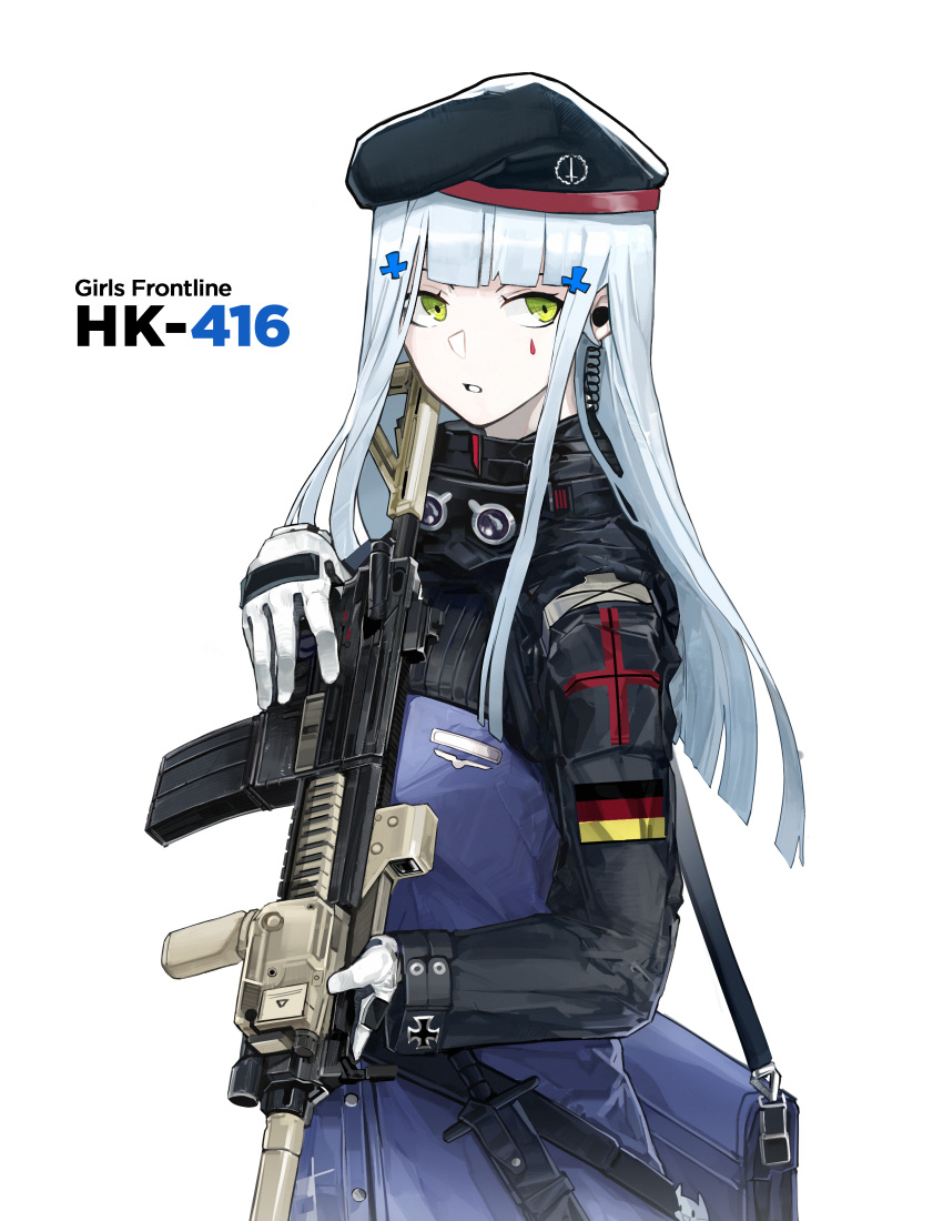 1girl absurdres assault_rifle bag bangs beret black_headwear blunt_bangs character_name commentary copyright_name earpiece english_commentary facial_mark german_flag girls_frontline gloves green_eyes gun h&amp;k_hk416 hair_ornament hat highres hk416_(girls_frontline) holding holding_gun holding_weapon jacket knife knife_holster long_hair long_sleeves open_mouth rifle shoulder_bag sidelocks silver_hair solo straight_hair swimnemo upper_body weapon white_background white_gloves